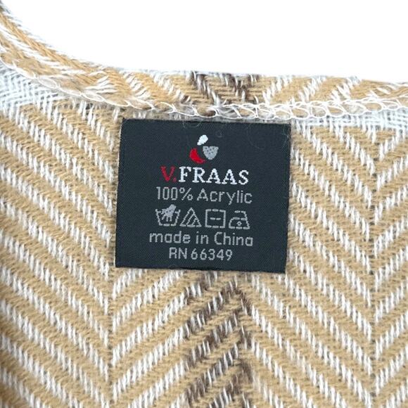 V. Fraas Beige & White Fringe Hem Open Front Plaid‎ Wrap Poncho Womens One Size - Picture 3 of 5